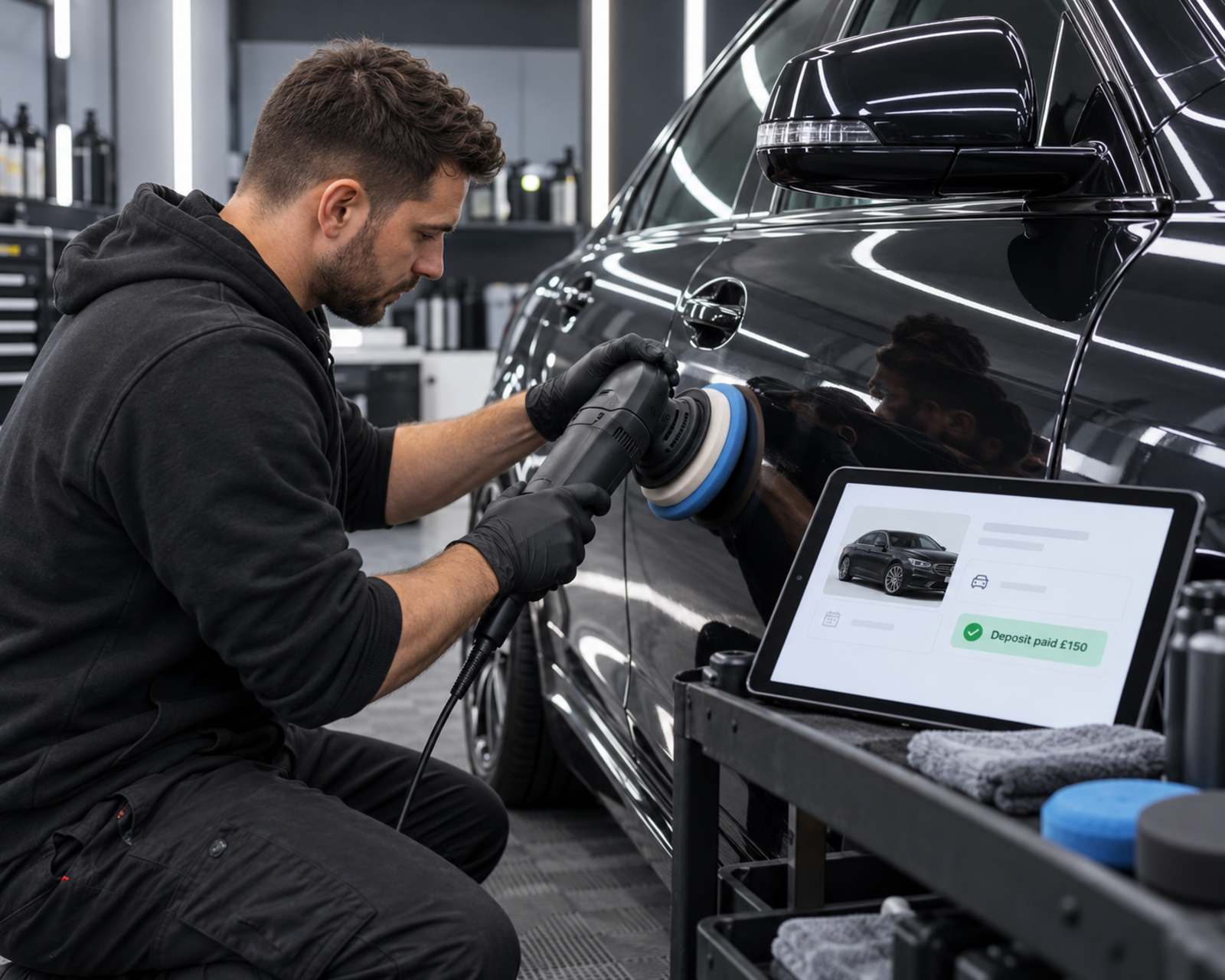 A detailer polishing a car's paintwork under studio lights, with a booking marked deposit paid on a tablet beside them.