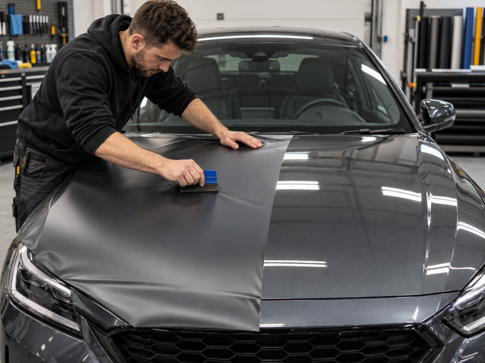 A wrap installer applying satin film to a car bonnet, half wrapped and half original paint.