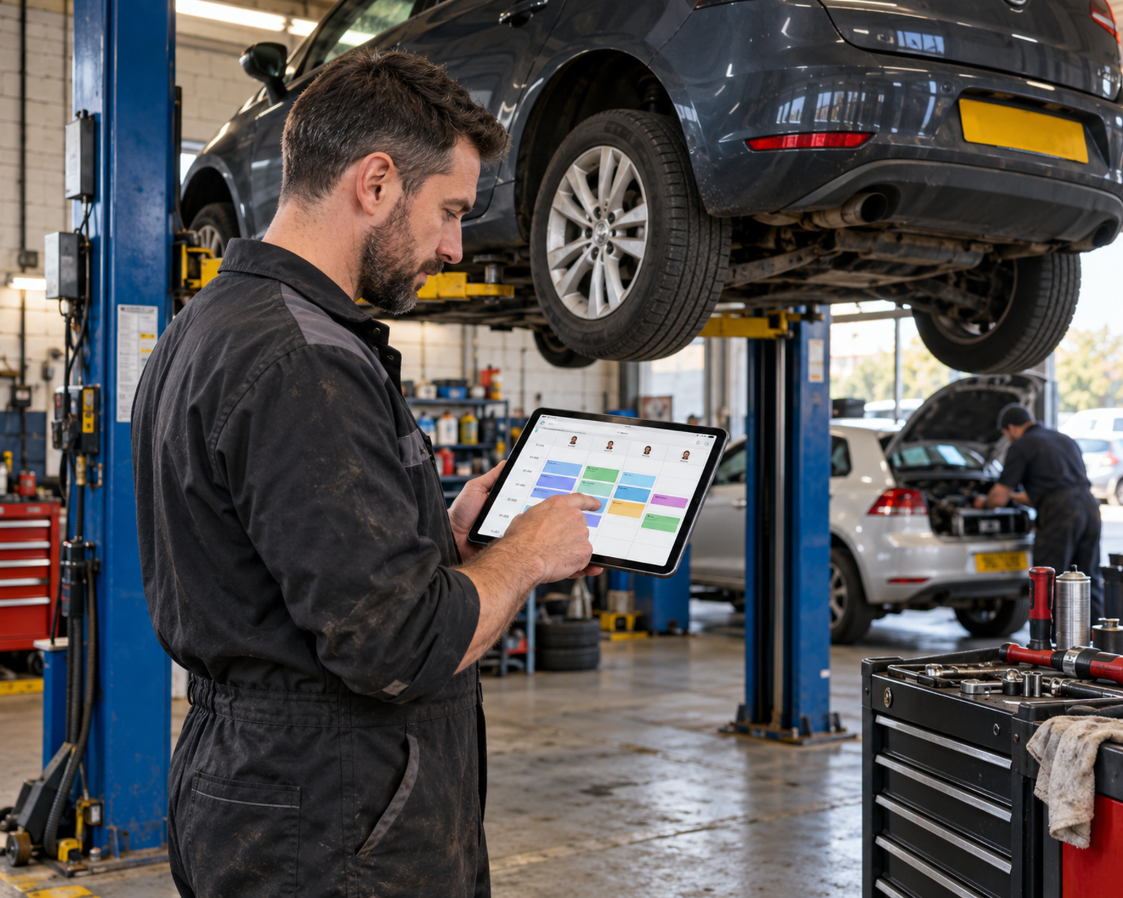 A garage owner beside a car on the ramp, checking the day's bookings in the GarageSphere workshop diary on a tablet.