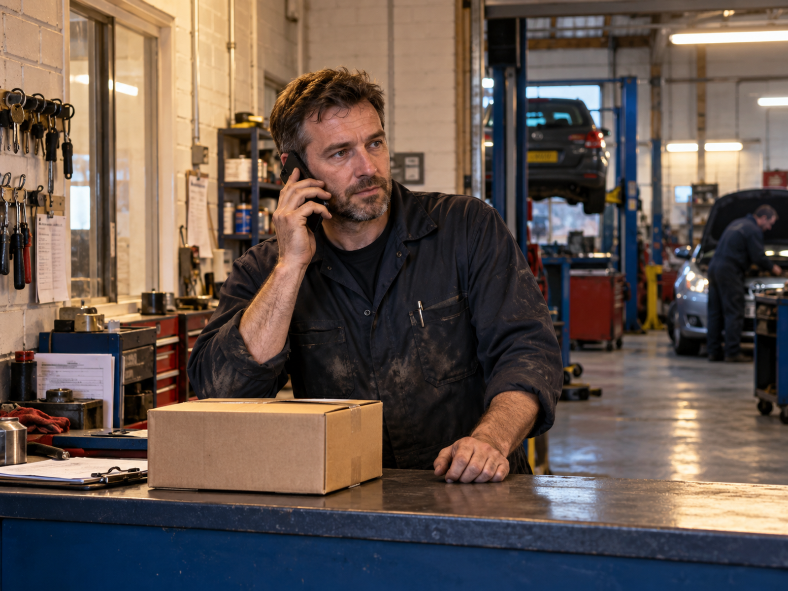 A garage owner still in overalls at the front desk at the end of the day, on the phone with the workshop behind them.