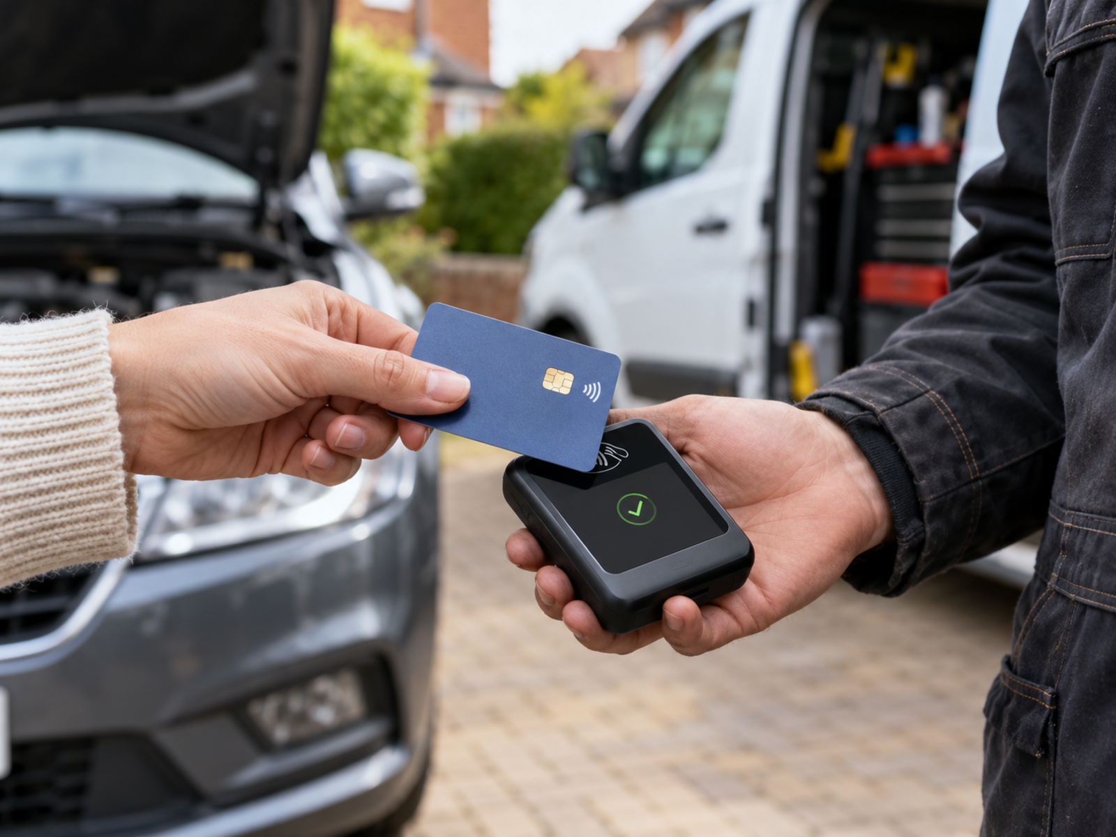A customer paying the mobile mechanic by card on the spot.