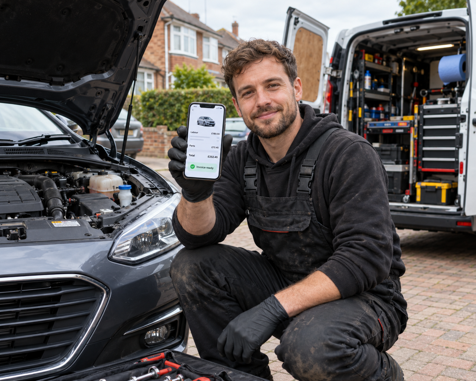 A mobile mechanic on a customer's driveway with their van open behind them, with the job and invoice open on their phone.
