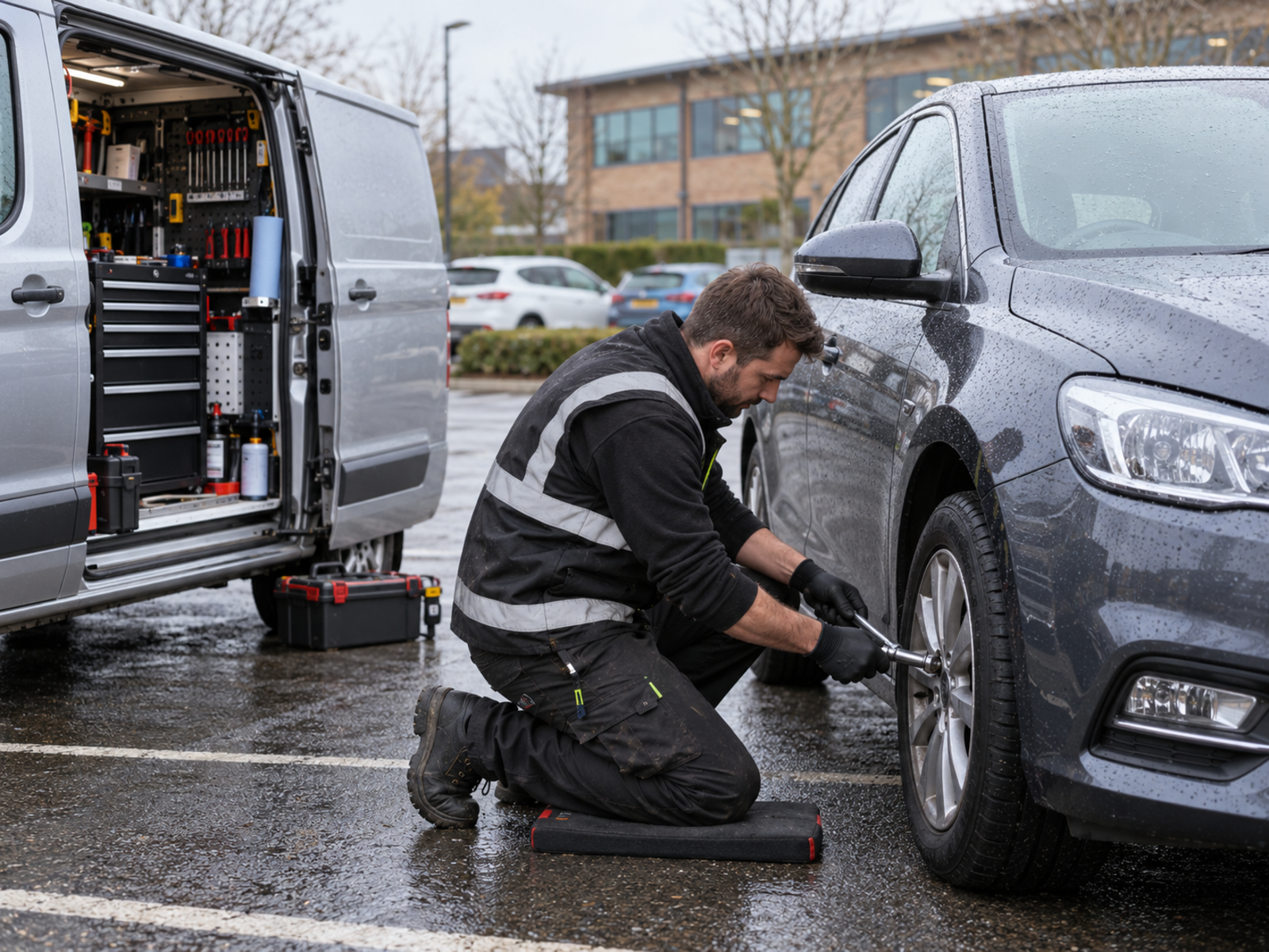A mobile mechanic kneeling at a car's wheel in a car park, with their van parked beside them.