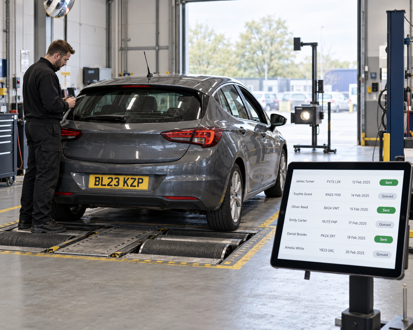 An MOT tester at the ramp in a test bay, with next year's MOT reminders queued up on a tablet beside them.