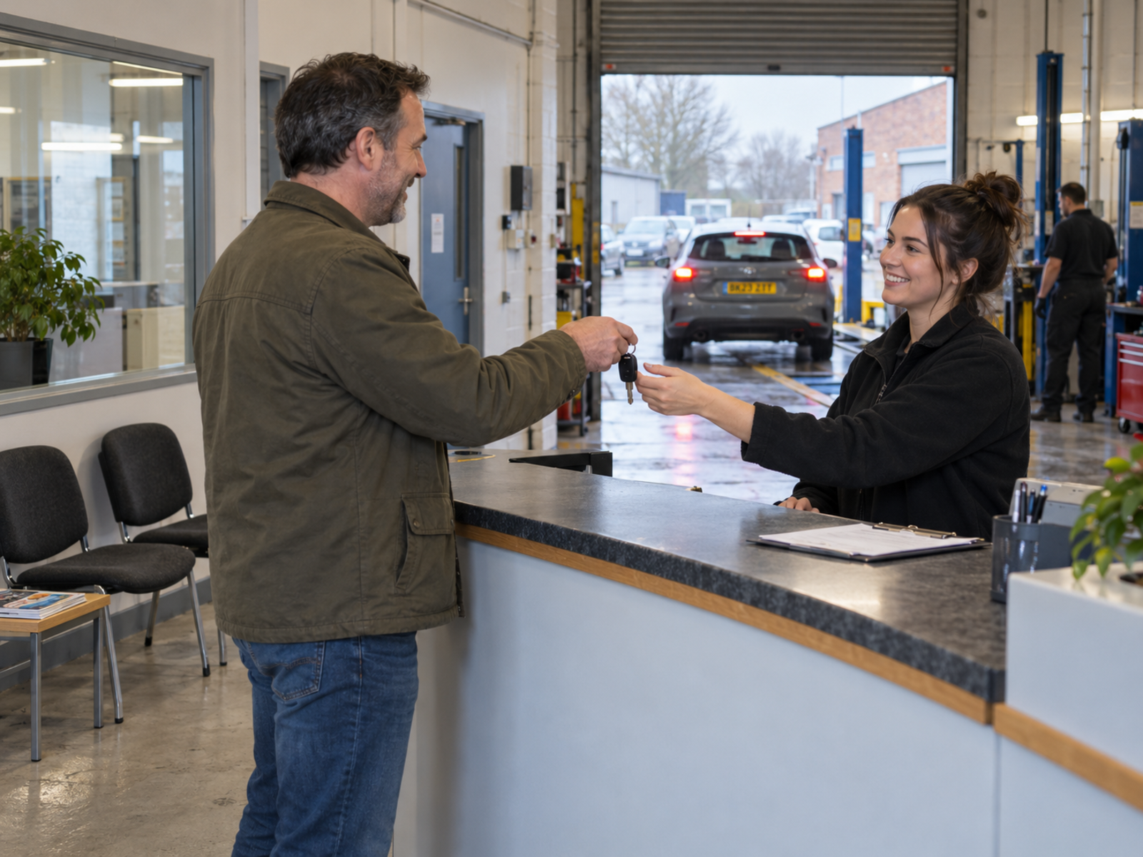A driver handing over their keys at an MOT centre's front desk while a car is driven into the test bay behind.