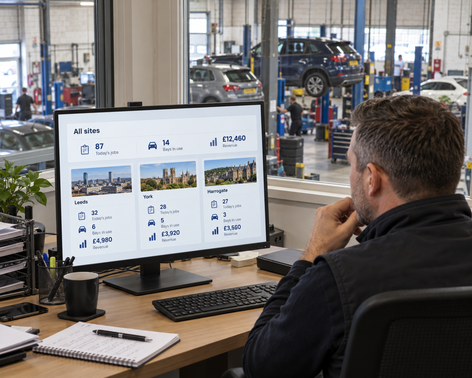 An operations manager looking at every site's jobs and revenue on one screen, with the workshop floor visible through the window.