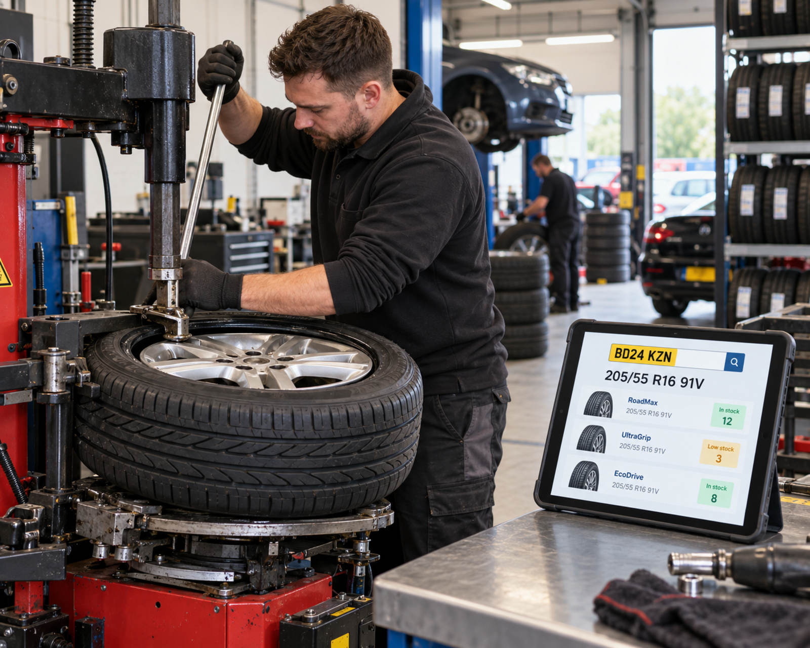 A tyre fitter at the changing machine, with the tyre size for the car's registration and the live stock count on a tablet on the bench.