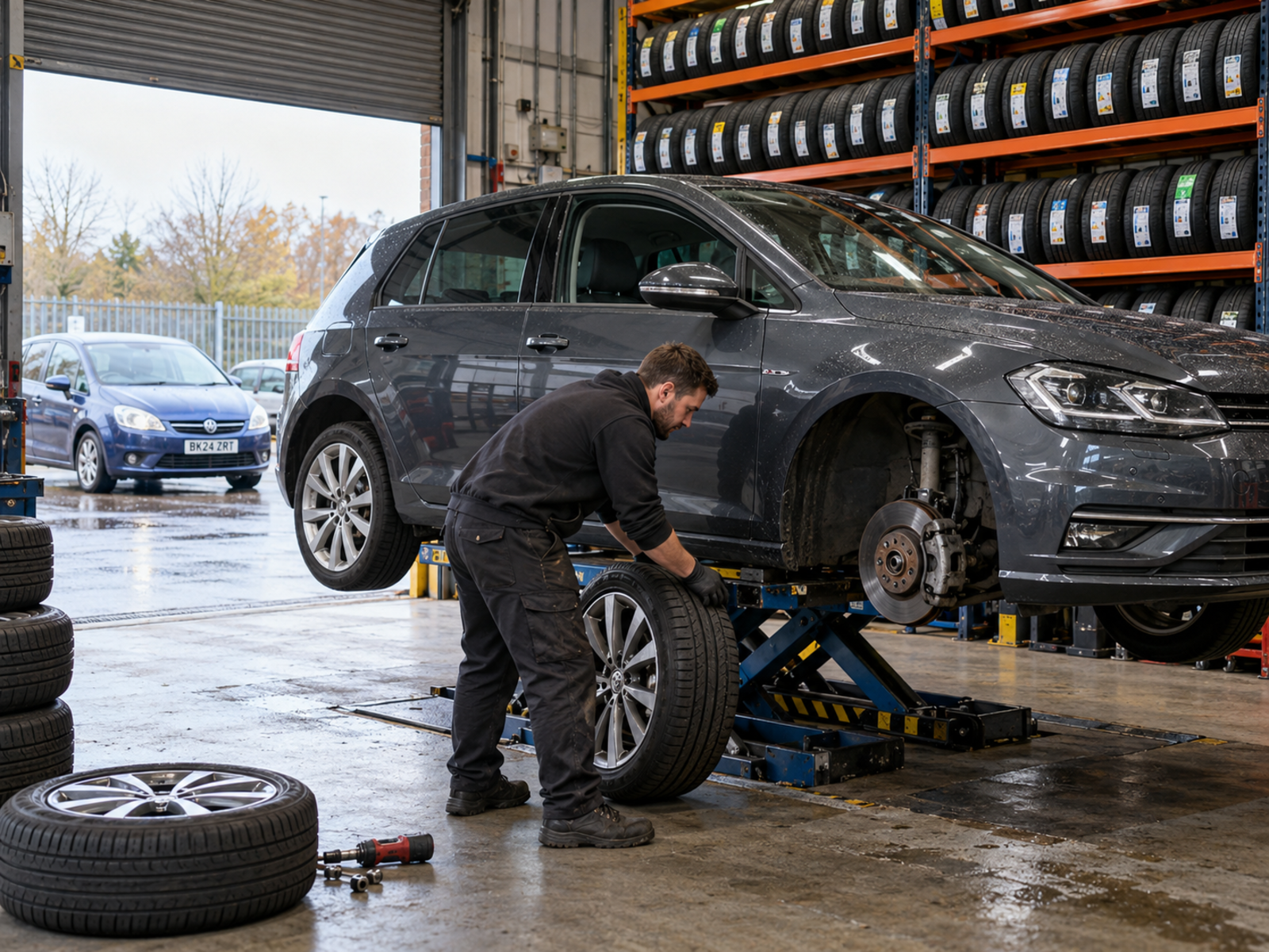A busy fast-fit bay with a car on the lift, racks of tyres behind and the next car waiting outside.