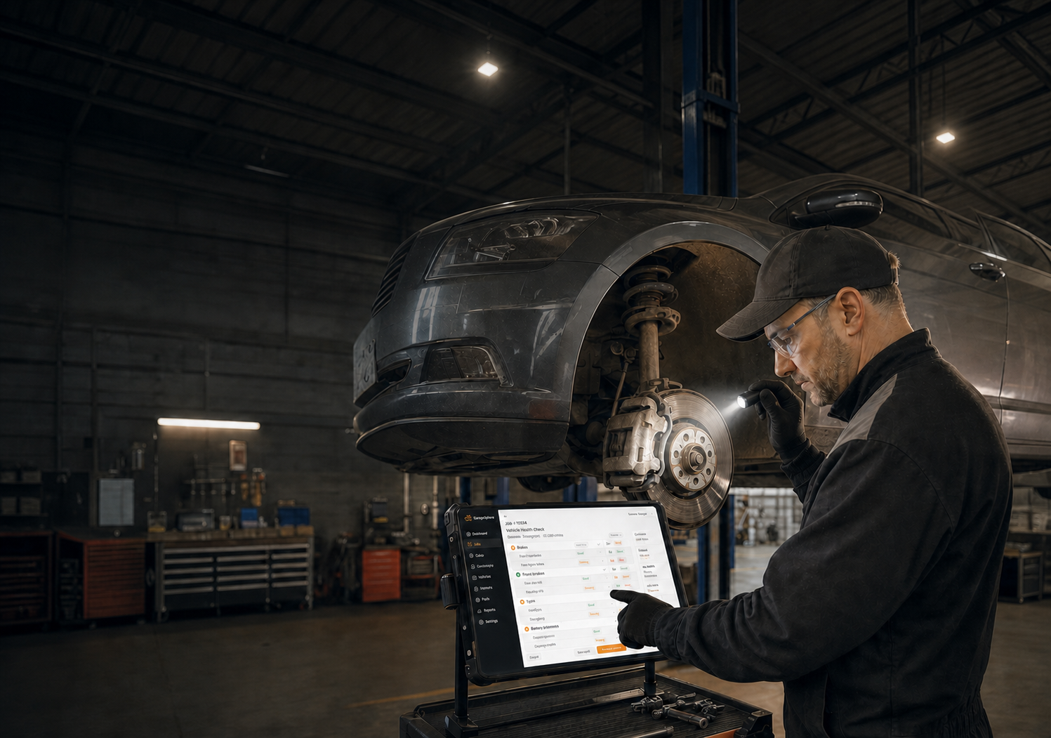 A technician running a vehicle health check in GarageSphere on a workshop tablet, beside a car on a lift
